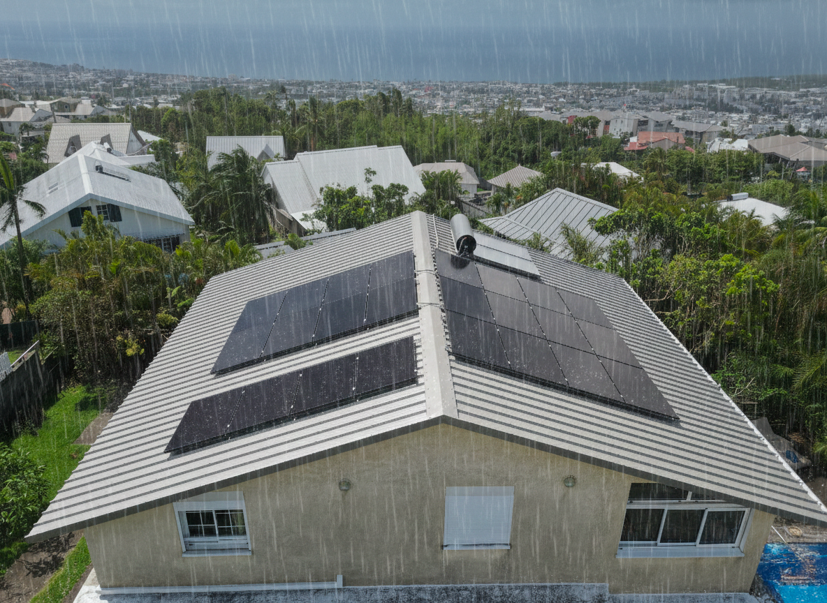 Panneaux solaires sur maison à La Réunion durant un cyclone